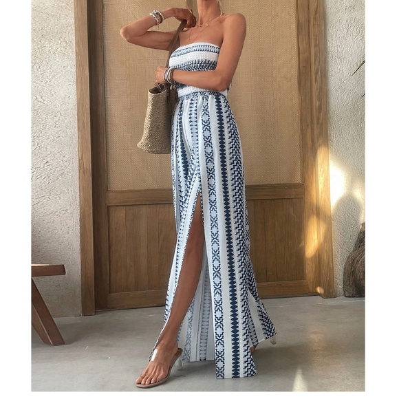 Boho Geo Print Shirred High waisted Wide Leg Jumpsuit - Picture 4 of 7